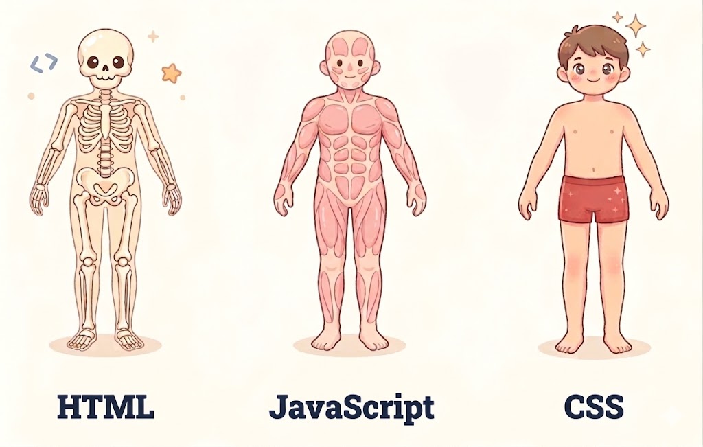 HTML 是骨架、JavaScript 是肌肉、CSS 是皮膚